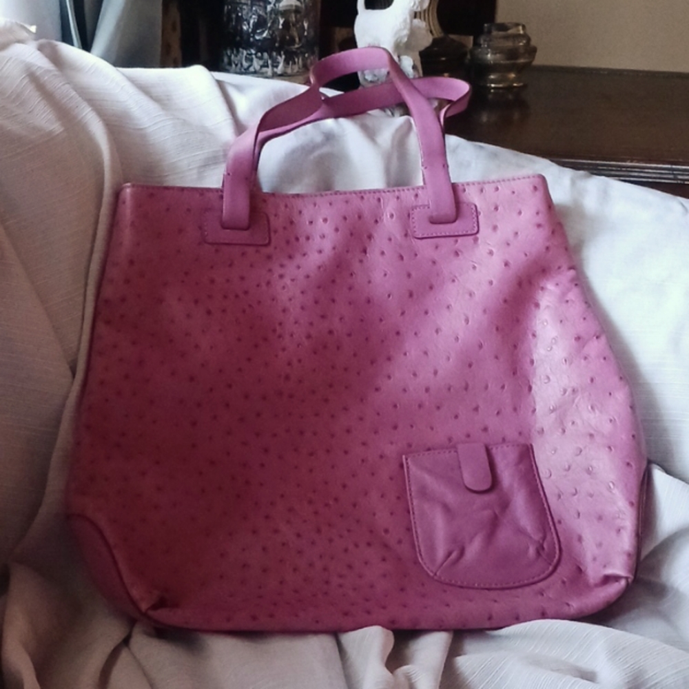 Signed Olsen leather tote bad.  Light rosy-pink, embossed ostrich print.